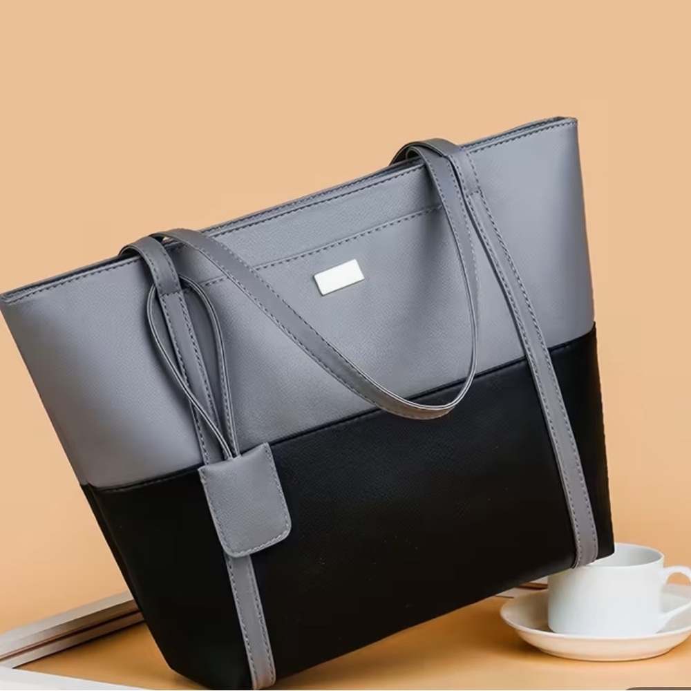 Two-Tone Gray & Black Structured Tote Bag with Pocket NIP - Picture 13 of 14